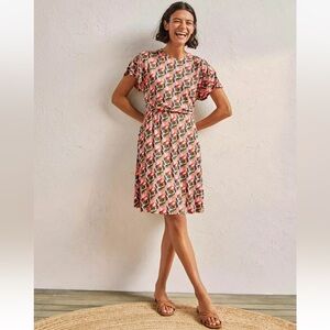 BODEN FLUTTER SLEEVE JERSEY DRESS IN ABSTRACT BLOOM IVORY SIZE 4